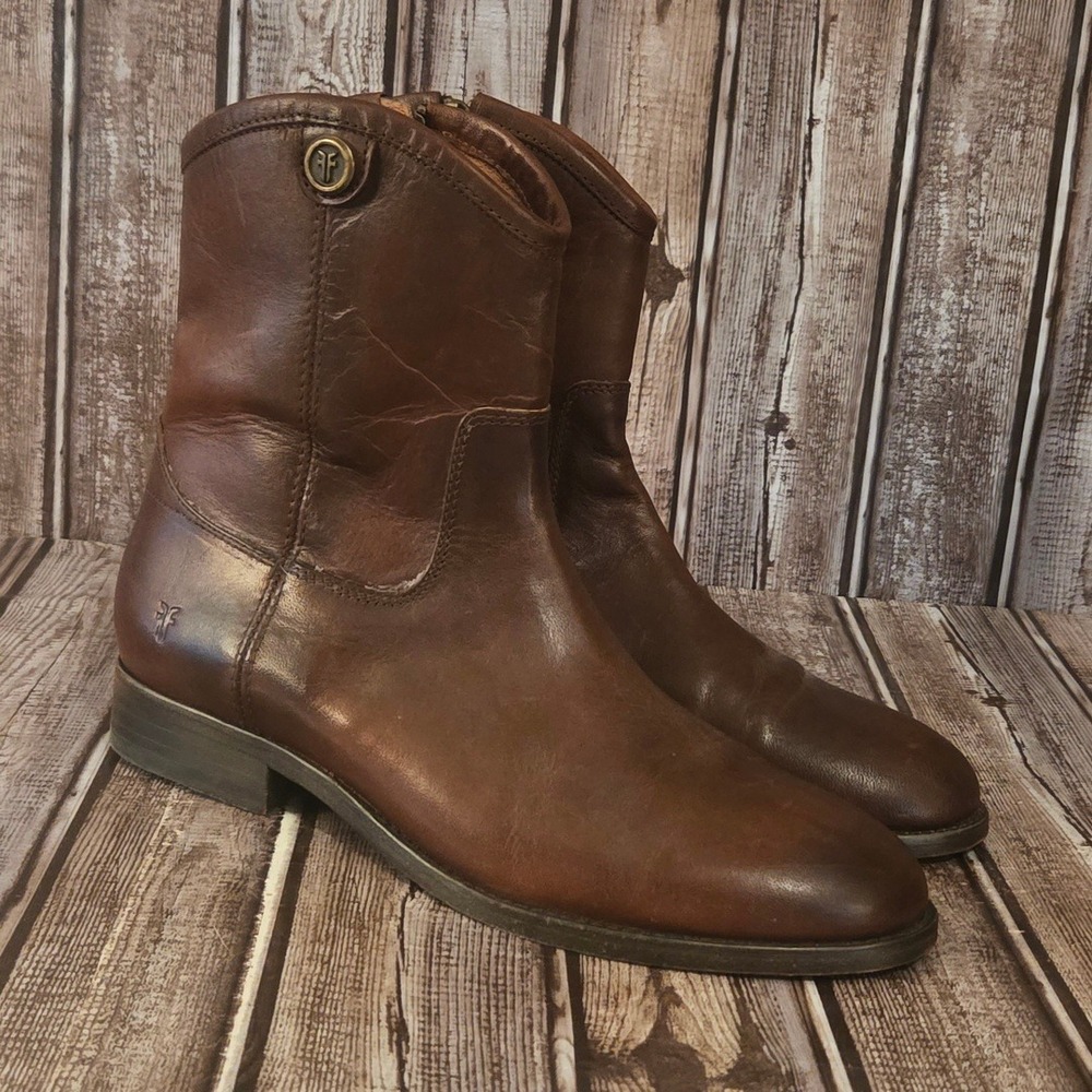 Sz 7.5 B Womens Frye Melissa Side Zip Brown Leather Ankle Boots VGUC!